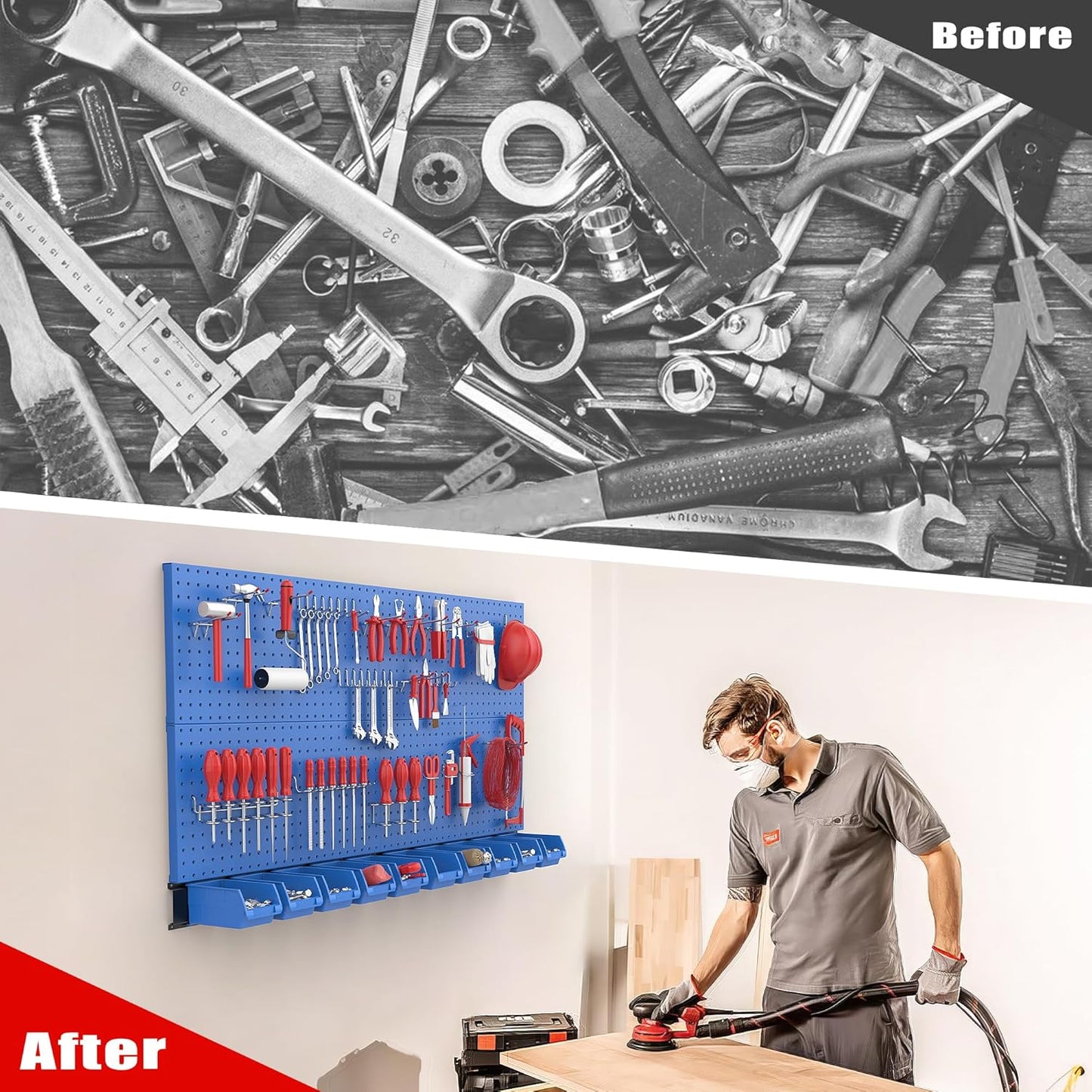 Ultrawall Pegboard Wall Organizer, Blue Metal Peg Board Panels, Garage Storage System with Hooks and Storage Bins, 59pcs