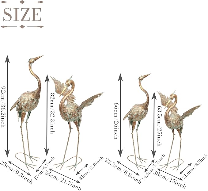 TERESA'S COLLECTIONS Yard Decorations Outdoor Garden Statues, Gold Metal Crane Yard Art, 33-39inch Lawn Ornaments for Backyard, Outside Porch, Patio, Wedding Decor,Set of 2,Spring Decor,Gifts for Mom