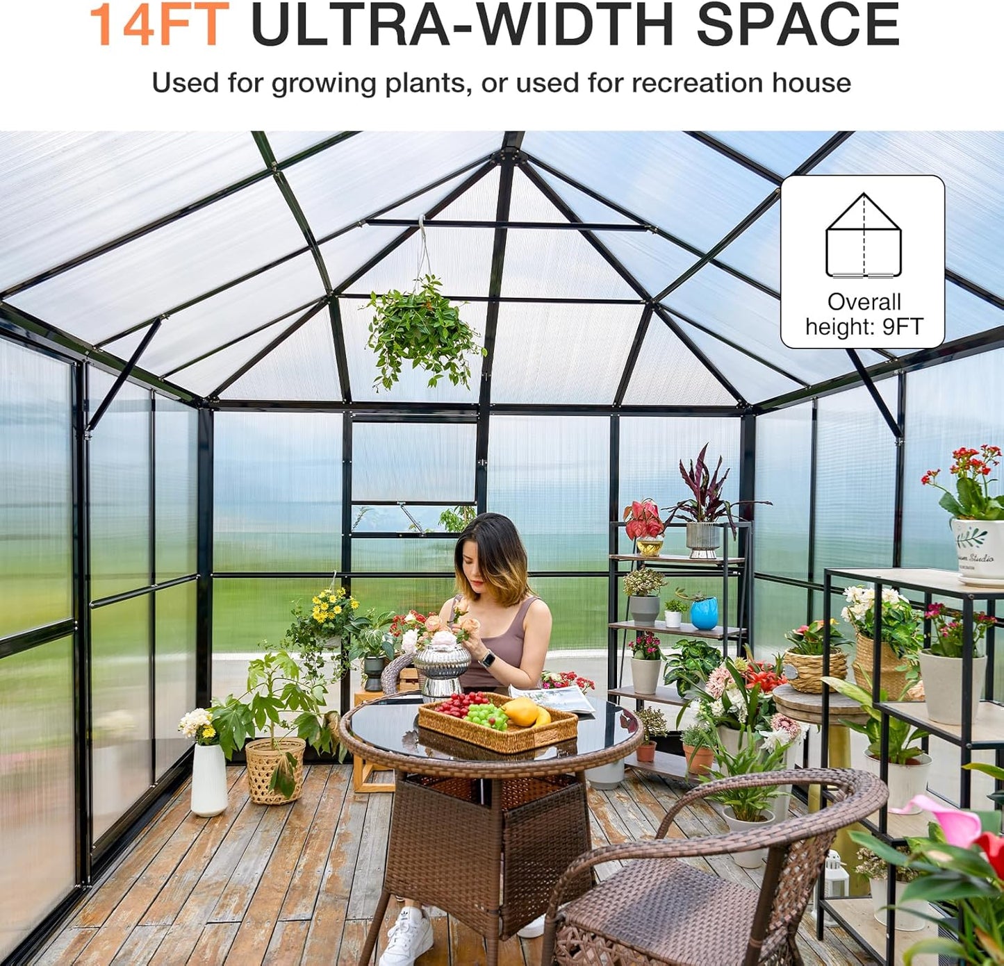AMERLIFE 14x9.5x9FT Walk-in Polycarbonate Greenhouse with Quick Connector, Fast Assembly Aluminum Greenhouse for Outdoors, Swing 2 Doors, Black