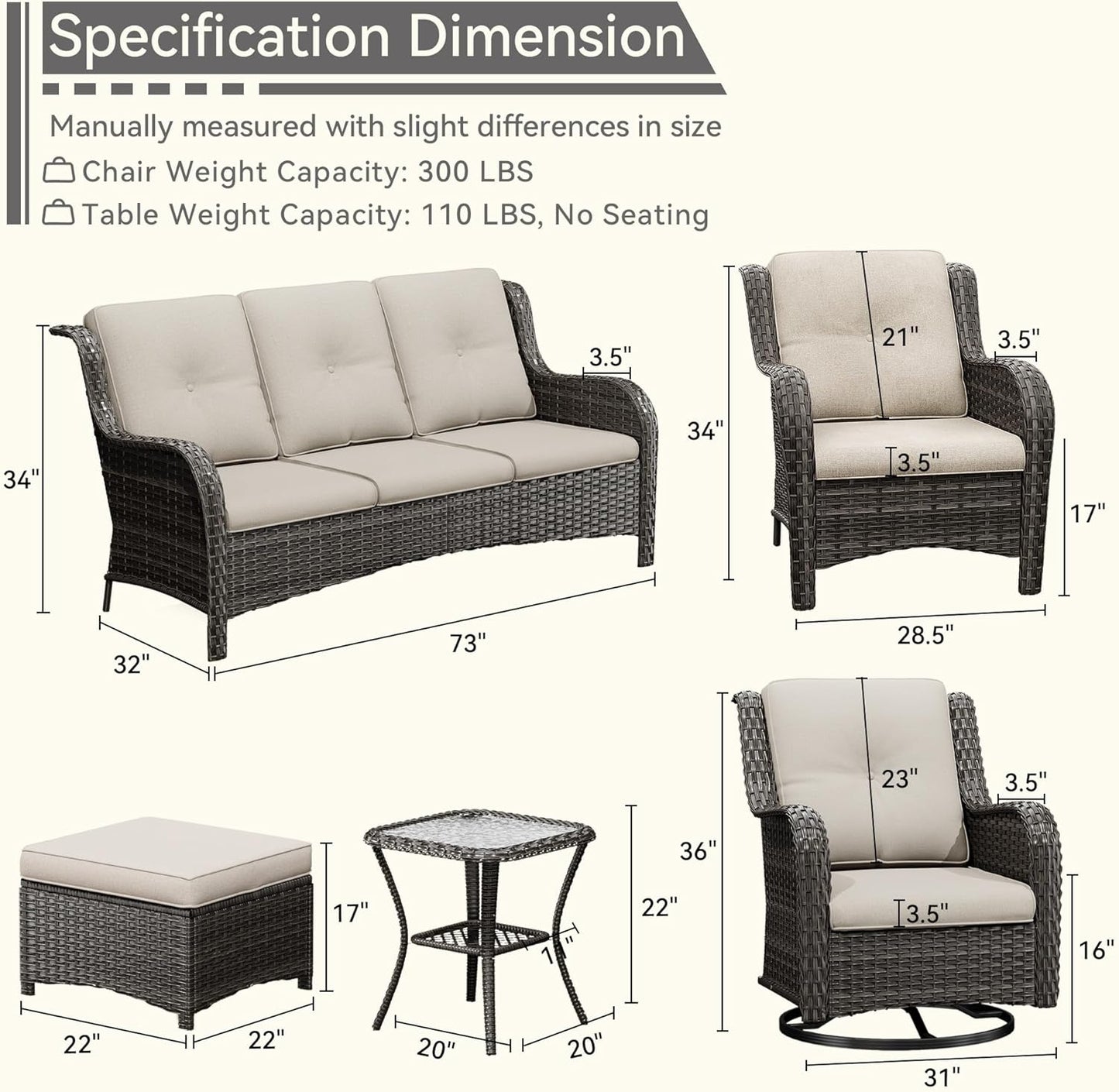 Wicker Patio Furniture Set 8-PCS with A 3-Seat Sofa, 2 Swivel Rocking Chairs, 2 Armchairs, 2 Ottomans and 1 Side Table Patio Conversation Set, Beige