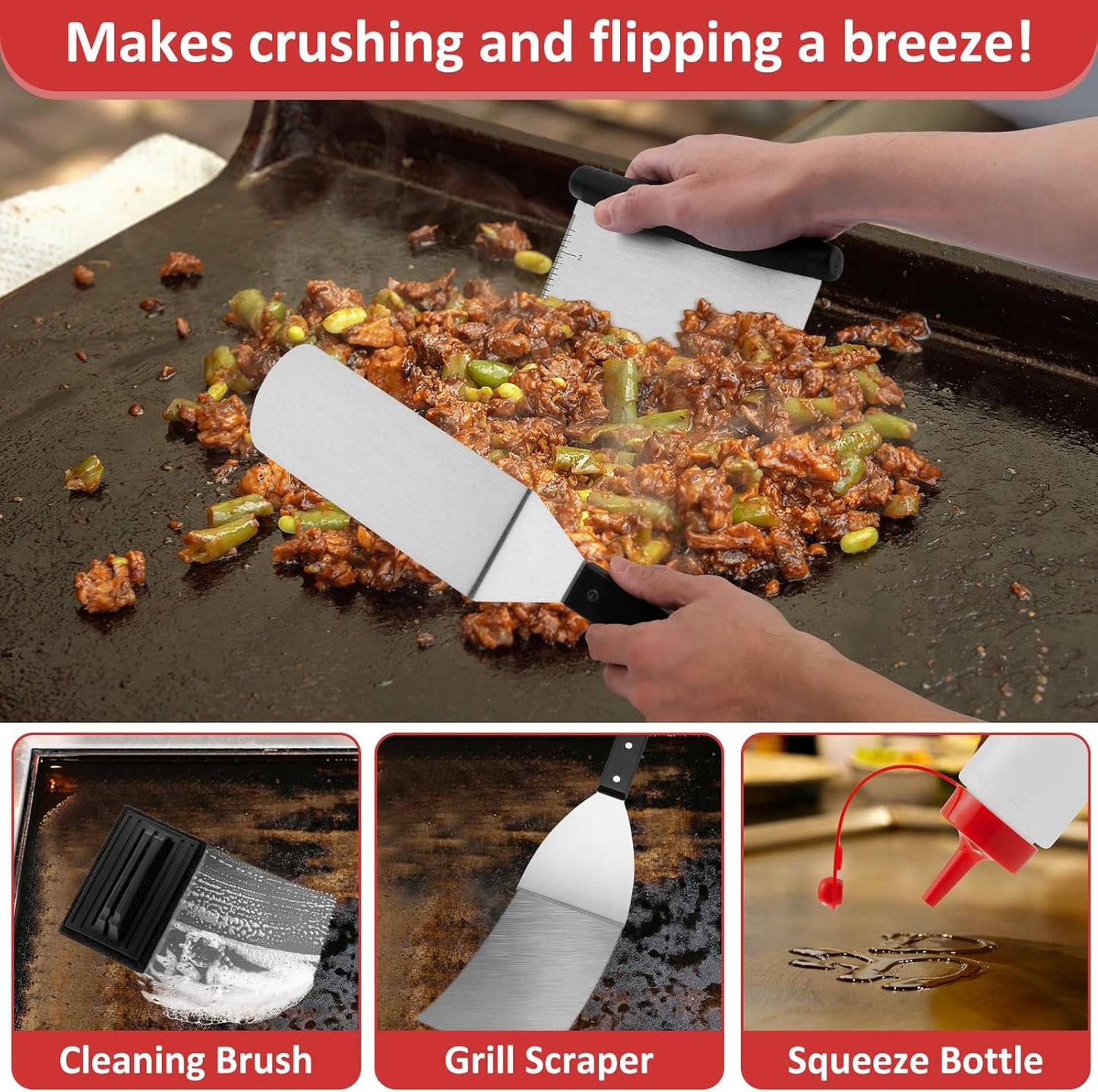 Griddle Accessories Set of 25, Leonyo Grill Accessories for Outdoor, Commercial BBQ Tools Grilling Smash Burger Press Kit with Enlarged Metal Spatulas Scraper for Flat Top Grill, Hibachi, ABS Handle