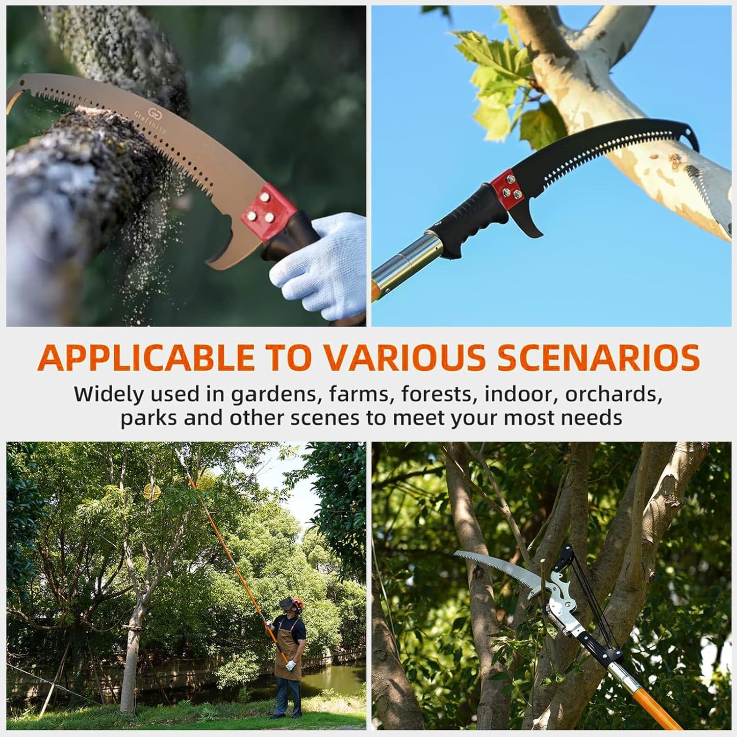 27FT Manual Pole Saw, Tree Branch Trimmer with 8-Section Fiberglass Handle, Sharp Steel Blade and Heavy-Duty Giant Pruning Scissors, Design for High Branch Trimming, Orange