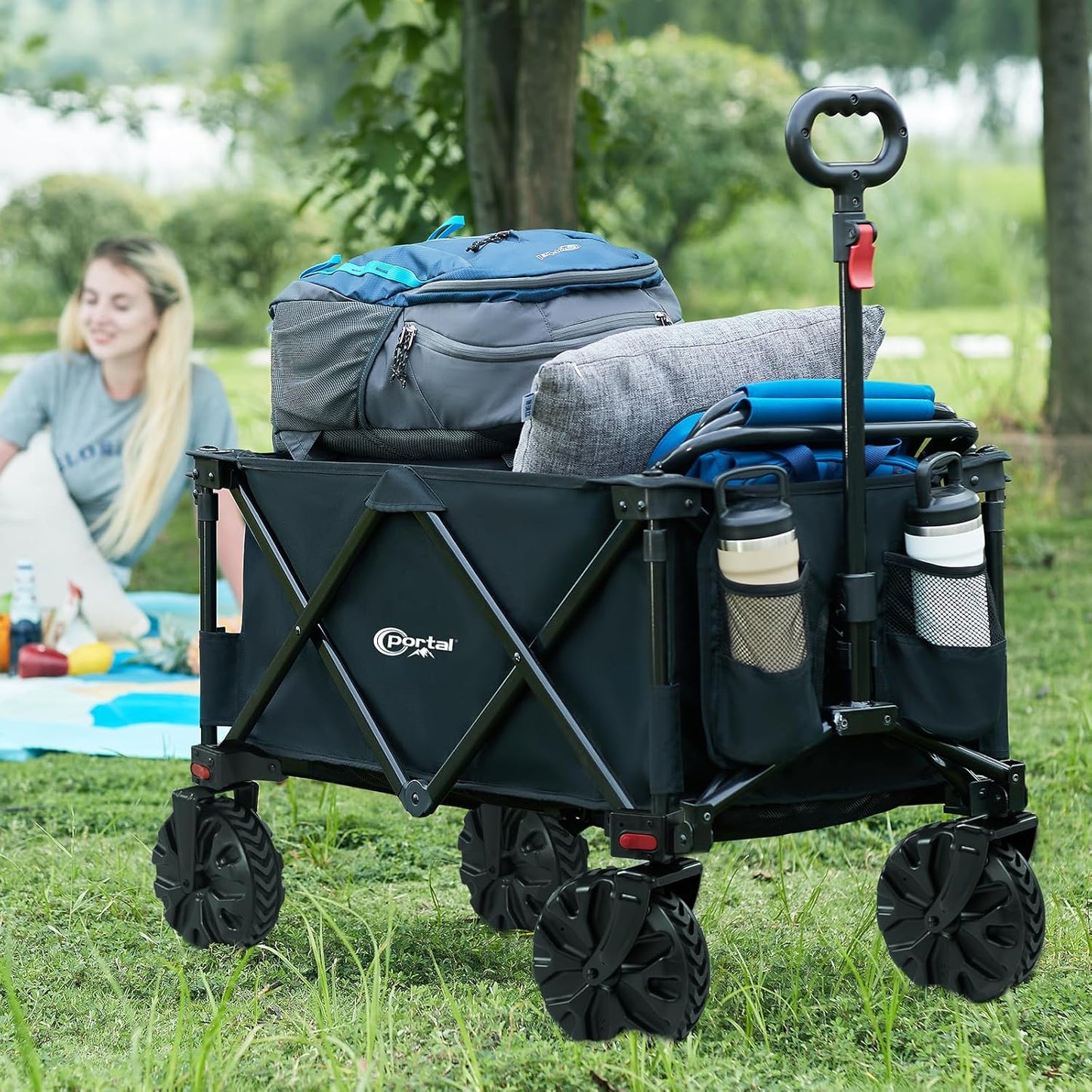 PORTAL Collapsible Folding Utility Beach Wagon Carts Heavy Duty with All Terrain Wheels for Outdoor, Camping, Garden, Shopping, Groceries, Foldable, Large Capacity, Portable, Black