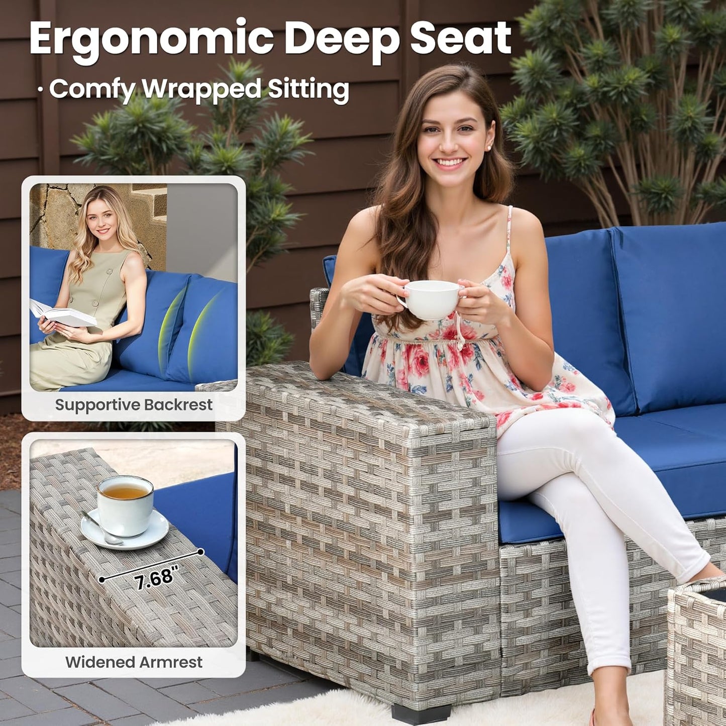 ovios 13 Pieces Patio Furniture Set, Outdoor Wicker Sectional Sofa with 42 Inch Fire Pit Table Comfy Cushions, Modern Modular Deep Seat Rattan Couch Conversation Set, Navy Blue