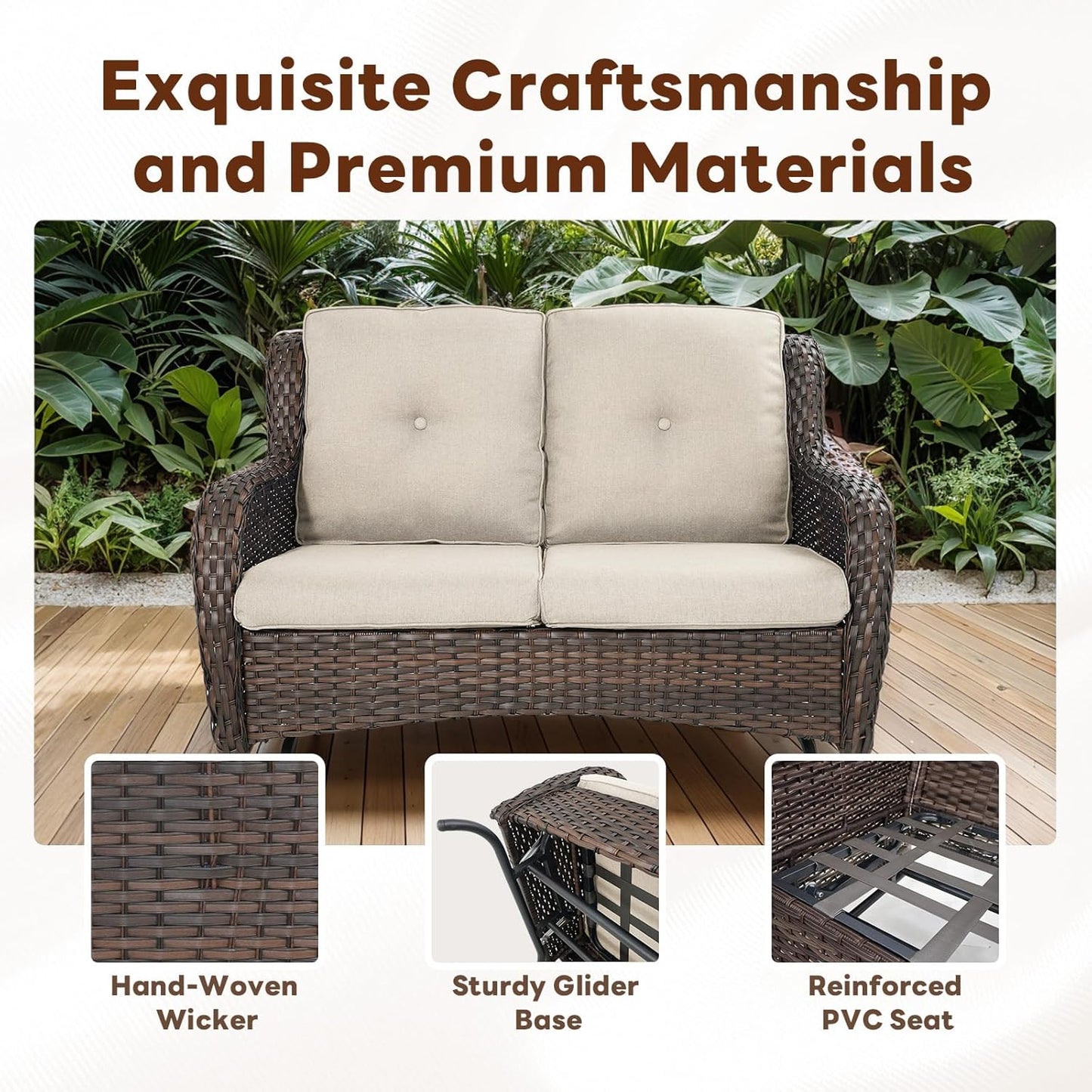 Spacious Outdoor Glider Bench - 500 LBS Weight Capacity Small Loveseat, 2 Seater Patio Gliders Furniture All Weather Wicker Couch with Removable Cushion for Deck Sunroom Balcony Backyard