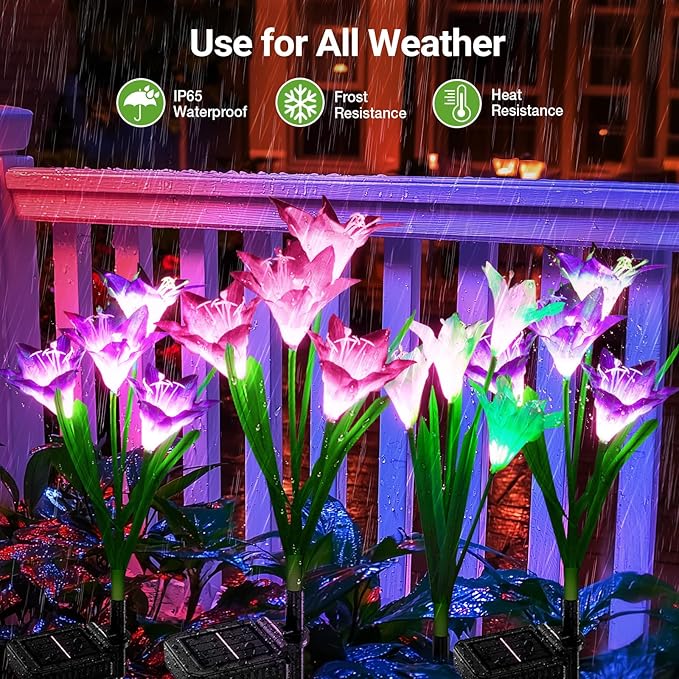 KOOPER Outdoor Solar Lights, 8 Pack Solar Garden Lights with Bigger Lily Flowers, Waterproof 7 Color Changing Outdoor Lights - Bigger Solar Panel for Outdoor Patio Yard Garden Decoration