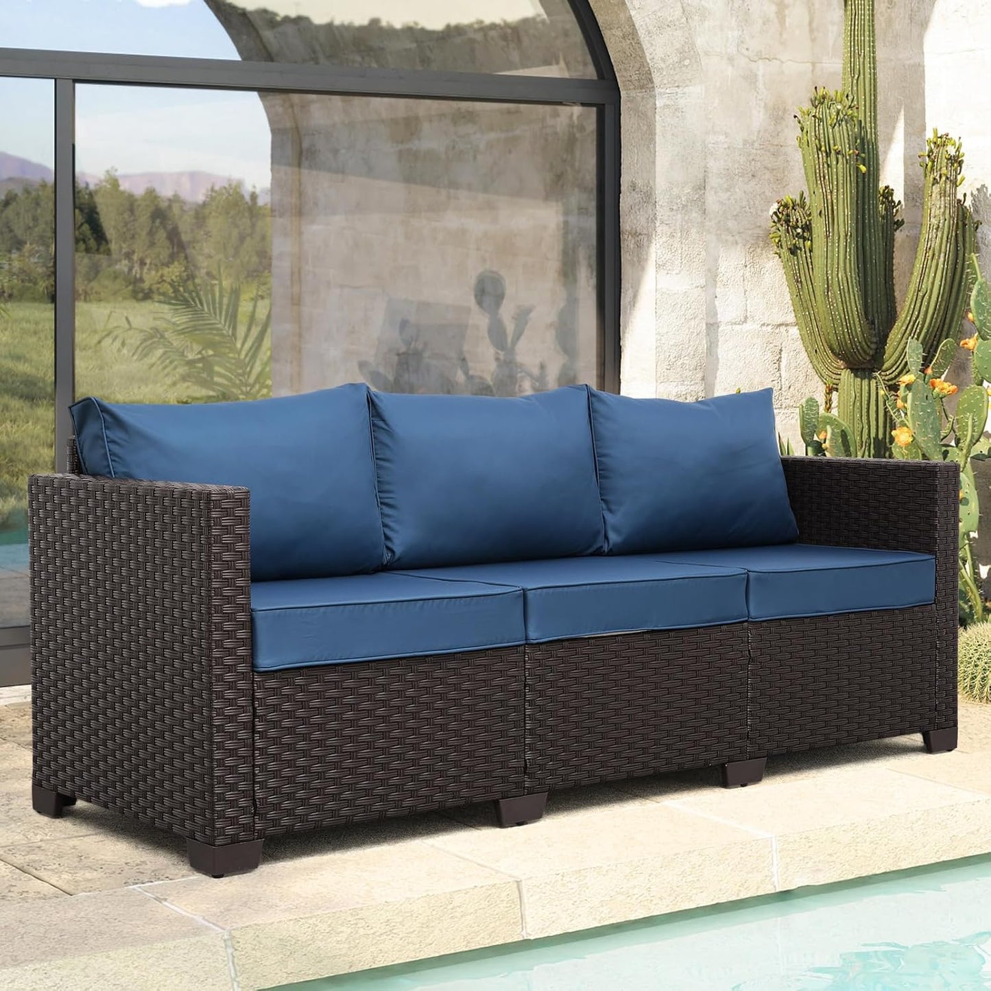 Outdoor Couch Wicker Patio Furniture 3-seat Sofa Outdoor Furniture Deep Seat Hight Backrest Waterproof Cover Non-Slip Cushions, Navy Blue