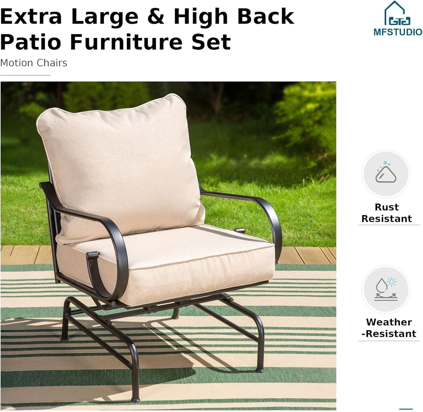 MFSTUDIO 5 Seats Large Metal Patio Conversation Sets, 4 Pieces Outdoor Sectional Furniture Sofa with 2 x Motion Chairs, 1 x 3-seat Sofa and 1 x 45 inches Rectangular Propane Fire Pit Table