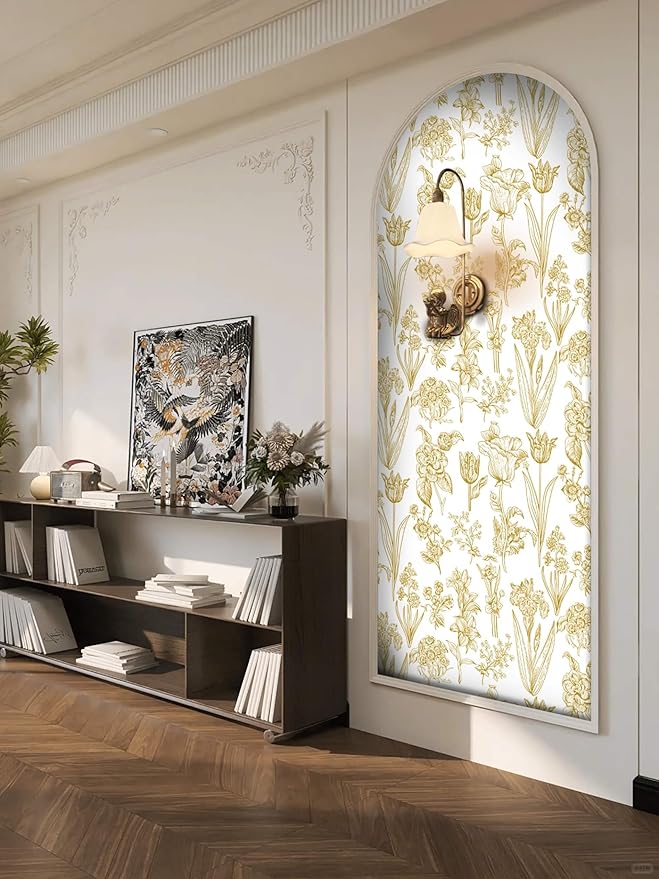Dimoon 393"x17.3" Floral Wallpaper Peel and Stick Flowers Golden White Contact Paper Thicken Waterproof Modern Self Adhesive Plants Wallpaper Removable Wall Paper Shelf Vinyl Roll