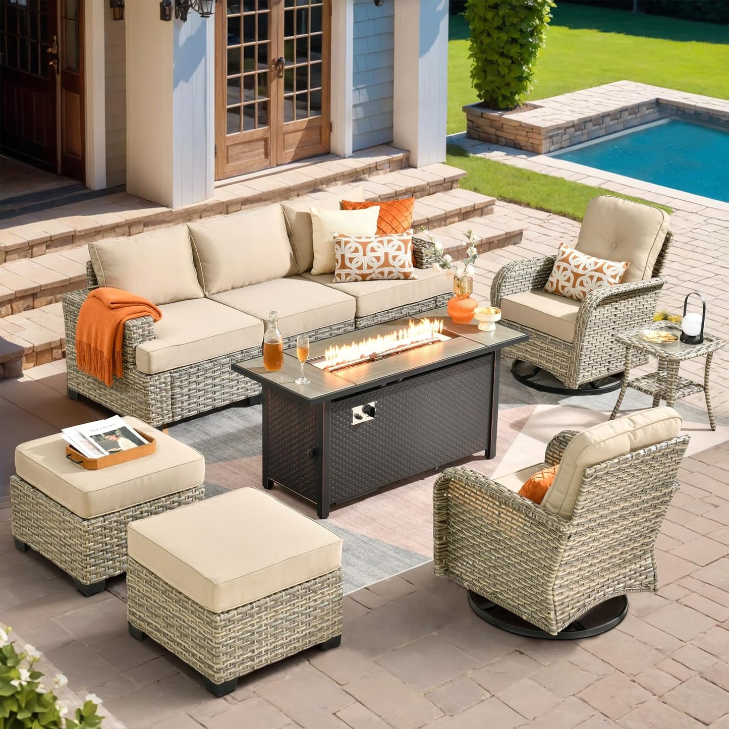 HOOOWOOO Outdoor Sectional Patio Furniture Set with Fire Pit Table,9 Pieces Wicker Conversation Sets,Extra Deep Out Door Sofa Outside Furniture Couch Swivel Chairs Ottoman,Beige