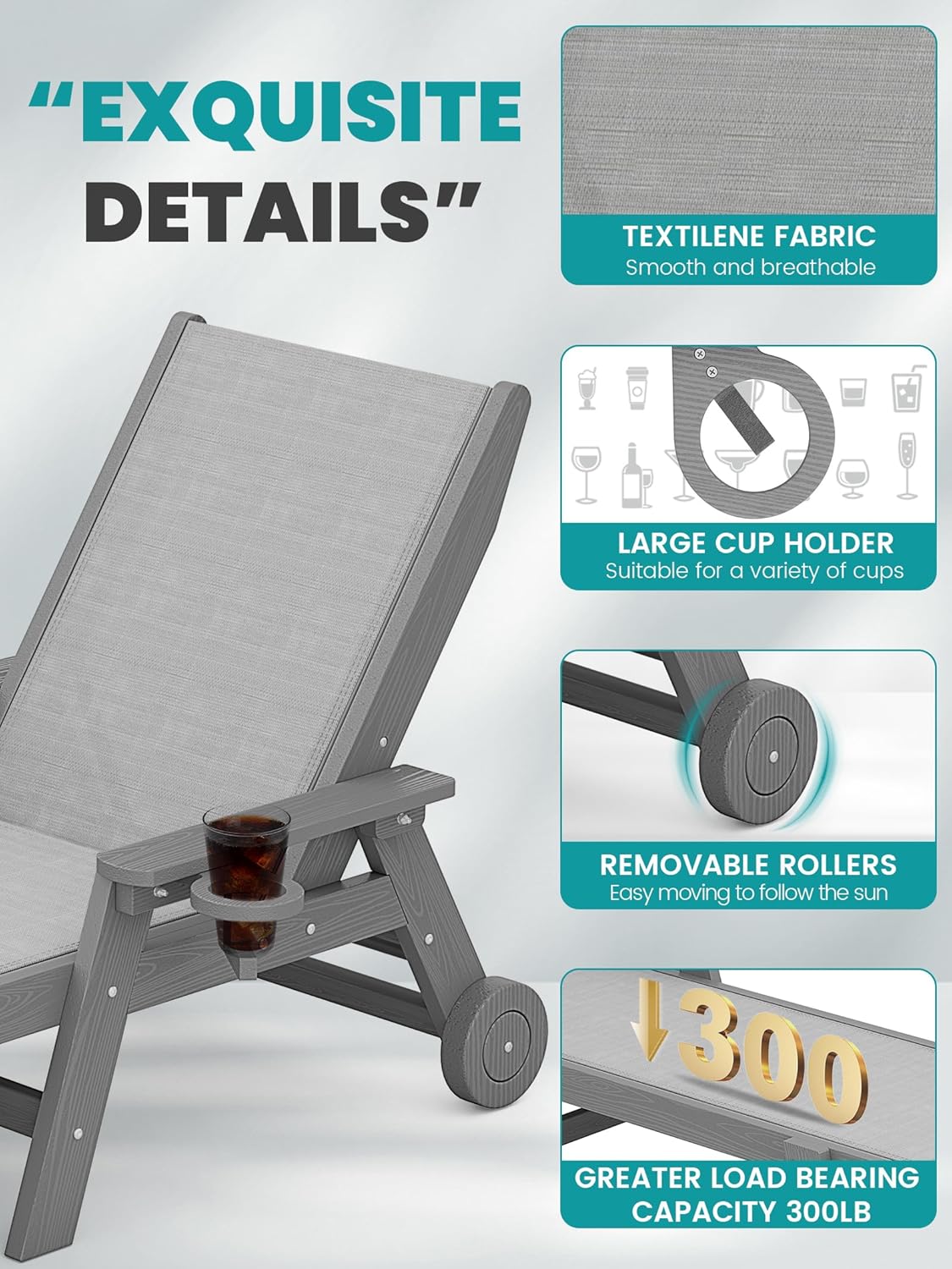 SERWALL Textilene Patio Chaise Lounge Chair Set of 2, 5 Positions Outdoor Lounge Chair with Rolling Wheels for Pool, Deck, Grey