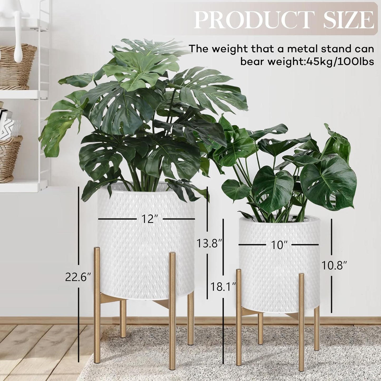 Oakrain Mid Century Planters for Indoor Plants, Set of 2, Modern Decorative Metal Planters for Living Room, Office, Garden or Balcony, White Planters with Stands, 10 inch & 12 inch