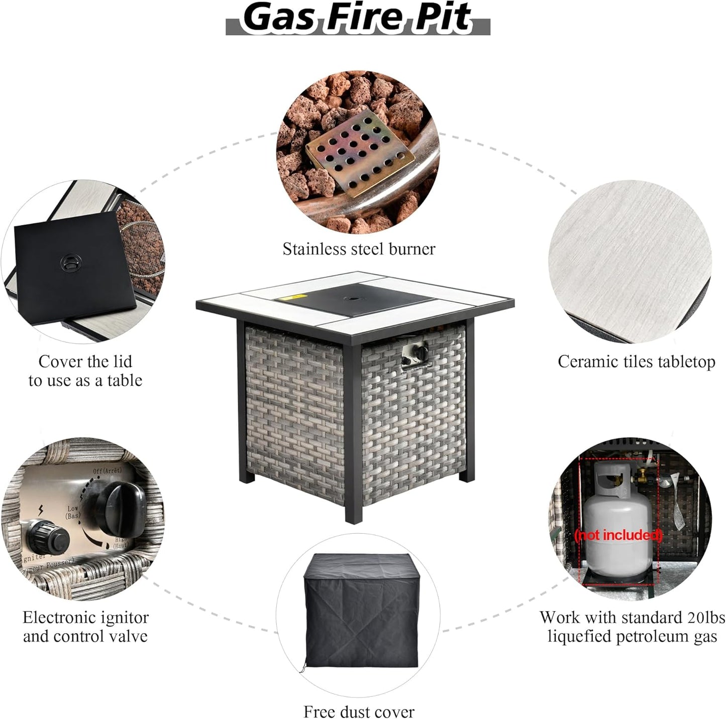 HOOOWOOO Modular Patio Outdoor Sectional Furniture Set with Gas Propane Fire Pit Table,7 Piece Wicker Conversation Sofa Set,Out Door Couch Set with Wide Arm Outside(Dark Grey)