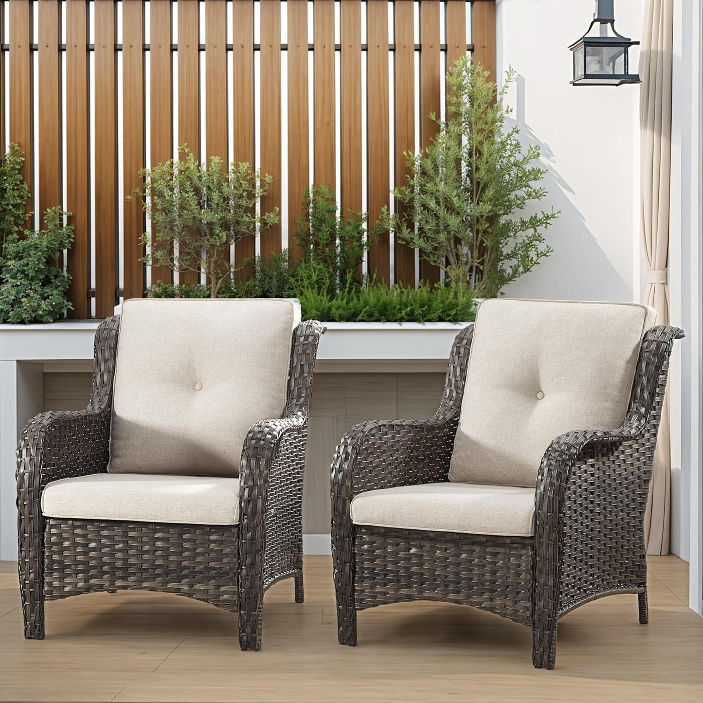 Patio Wicker Chairs Set of 2, Patio Rattan Dining Chairs with 3.5-inch Seat Cushions, High Back and Curved Armrest for Garden, Backyard, Balcony and Deck, Beige