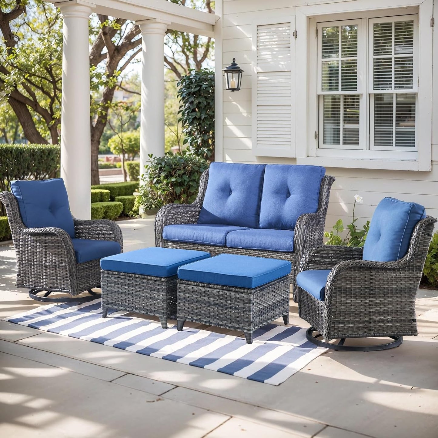 Outdoor Wicker Patio Furniture Set - 5 Piece Rattan Patio Conversation Set with 2 Rocking Swivel Chairs,2 Ottomans and 1 Loveseat for Porch Deck Backyard Garden(Mixed Grey/Blue)