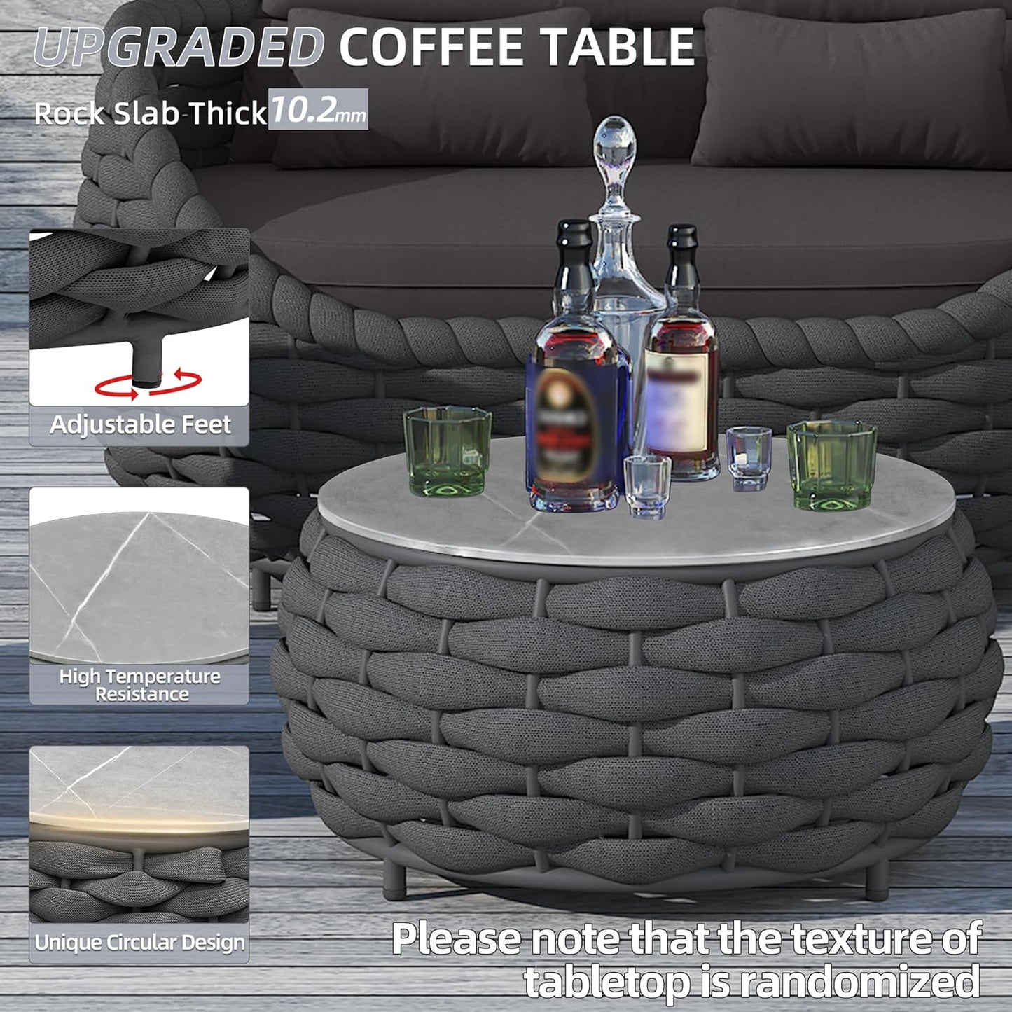 TWT 3 Pieces Aluminum Patio Furniture Set, Hand Woven Textilene Rope Outdoor Sofa Set w/Washable Cushion and Rock Slab Tabletop, Conversation Furniture for Livingroom Poolside Balcony (Dark Grey)