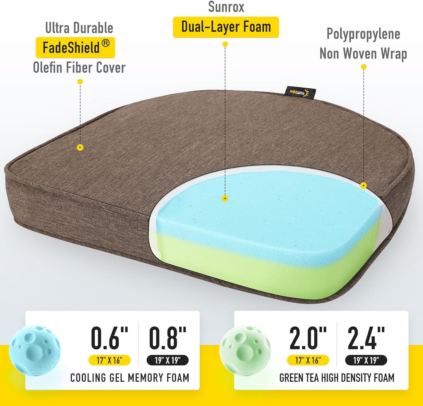 SUNROX Gel Memory Foam Chair Cushions, FadeShield Water-, Stain-Resistant Durable Reversible Seat Cushion Pads with Ties for Indoor/Outdoor Kitchen Dining Office, 19"x19", Set of 4, Heather Chestnut