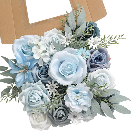Blue Artificial Flowers Silk Fake Roses Peonies Greenery Combo Box Set for DIY Wedding Bouquets Bridal Shower Centerpieces Floral Arrangements Party Tables Home Decoration