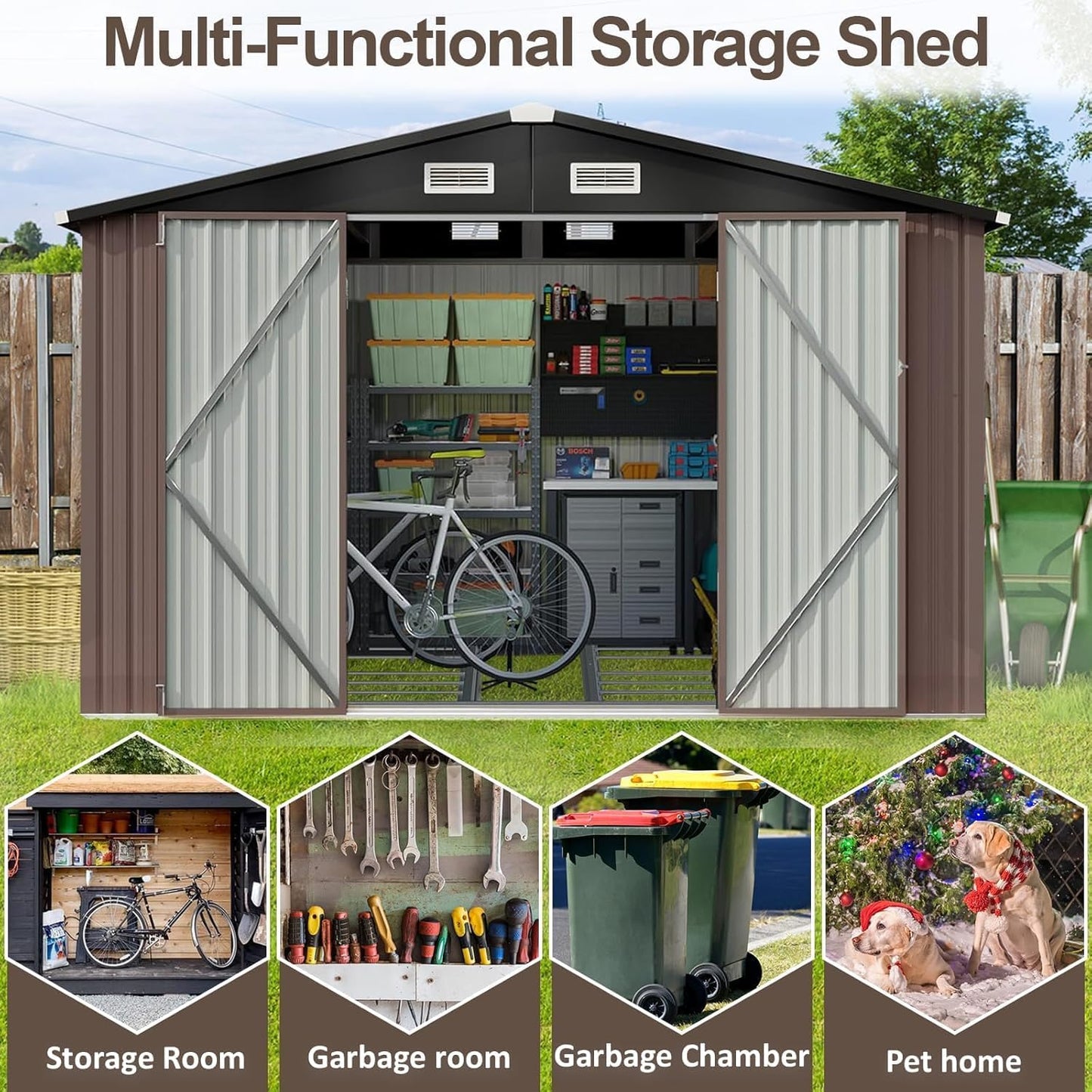 Aoxun 9.4x7.3x6.5 FT Outdoor Storage Shed, Garbage Can, Outdoor Metal Shed for Tool, Garden, Bike, Placed in Patio, Garden Brown Base Included