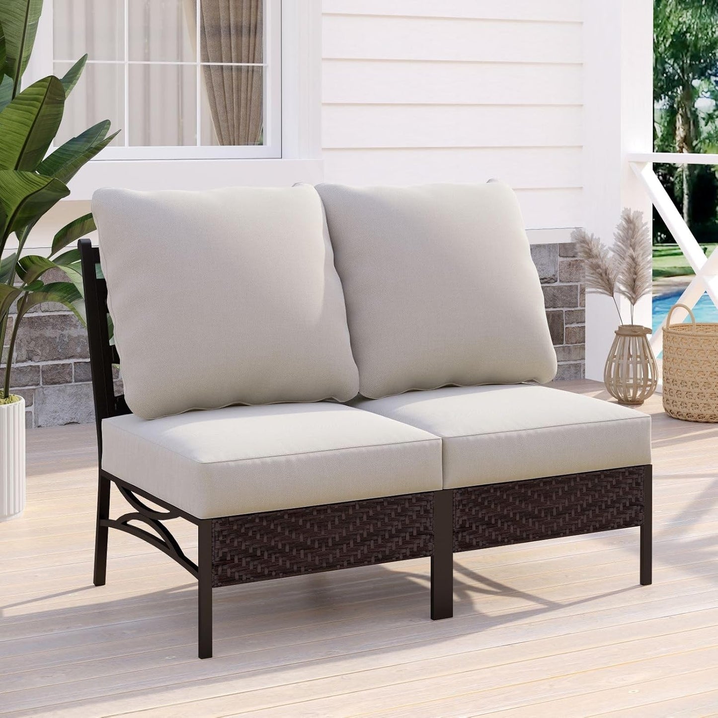 Sophia & William 2 Pieces Patio Furniture Sets, All-Weather Outdoor Sectional Armless Sofa (Beige)