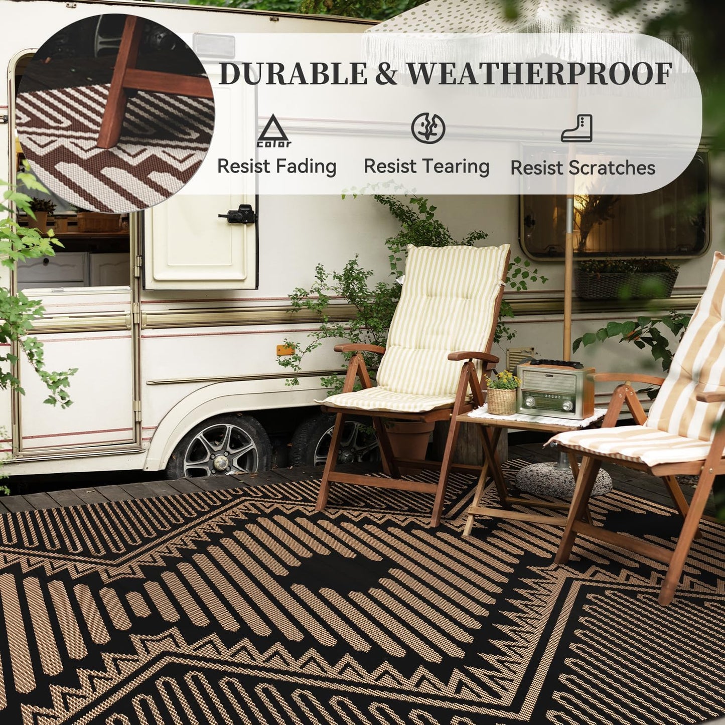 MontVoo Outdoor Rug-Waterproof Camping Rug Patio Rug Mat 6x9 Reversible Plastic Straw Outside Outdoor Rug for RV Camping Picnic Balcony Backyard Pool Deck Porch Modern Boho Black Brown