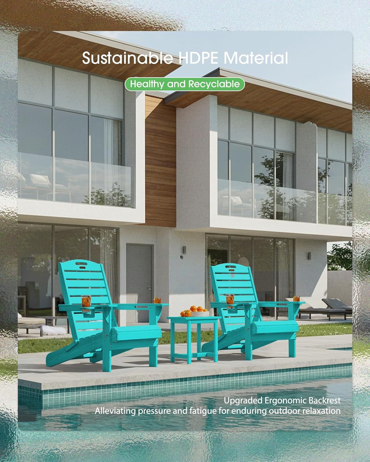 Adirondack Chairs Set of 2, Outdoor Fire Pit Chairs, HDPE All-Weather Adirondack Chairs with Cup Holder, Lawn Chair for Deck, Patio, Garden (Lakeblue)