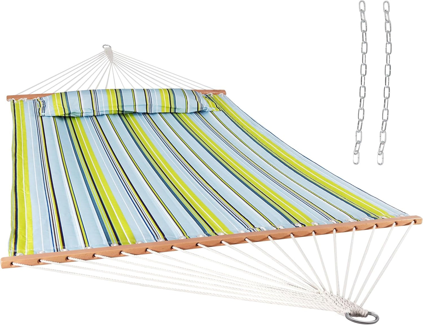 Sunnydaze Quilted Outdoor Hammock with Spreader Bars - Heavy-Duty 450-Pound Capacity Double Hammock for Outside - Blue and Green