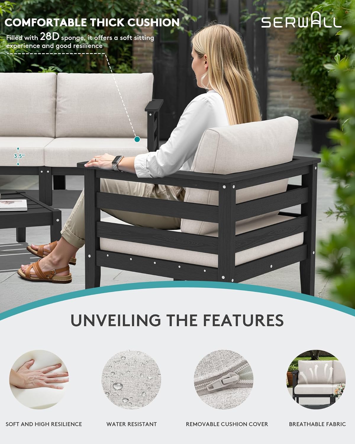 SERWALL HDPE Patio Furniture Set, 4 Pieces Outdoor Sectional Sofa Set, All-Weather Wood-Like Outdoor Sofa Couch with Coffee Table for Deck, Lawn, Black Frame with Khaki Cushion