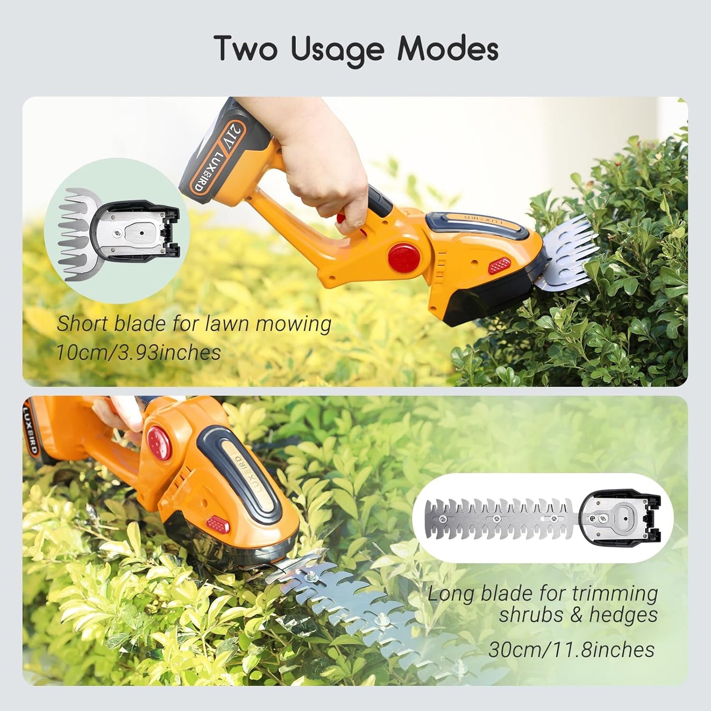 LUXBIRD 2-in-1 Mini Hedge Trimmer Cordless,Light Handheld Grass Trimmer, Electric Shrub Trimmer with 2Pcs Rechargeable Batteries (Yellow)