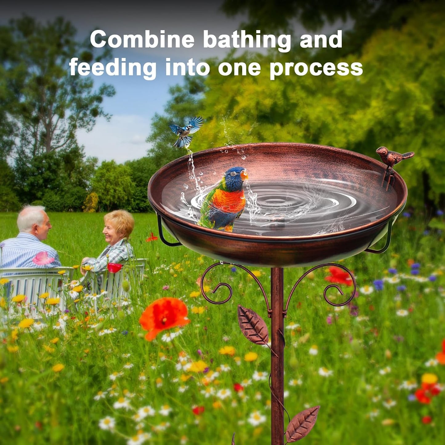 Metal Bird Bath for Outside with 2 Bird Decor, Hummingbird on Pole & Sparrow on Bowl, 38.5 Inch Height Garden Birdbath, 12 Inch Antique Bronze Freestanding Birdfeeder Bath for Yard Patio