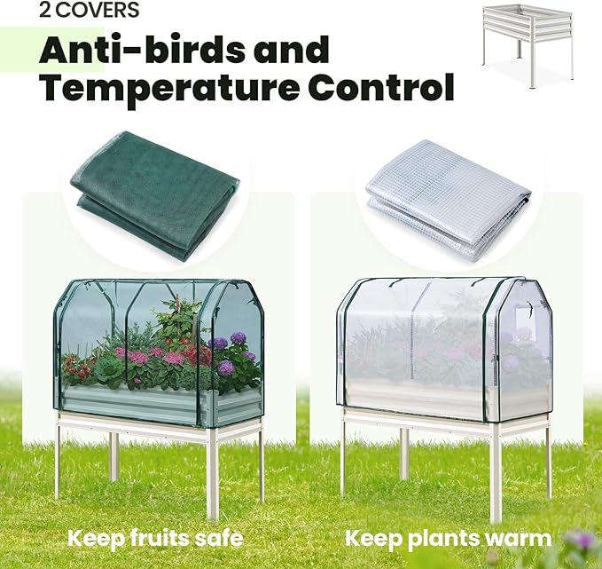 KING BIRD Raised Garden Bed with Cover & Netting Galvanized Elevated Large Planter Box with Legs 48×24×56 in for Backyard, Patio, Balcony, 400lb Capacity, Beige