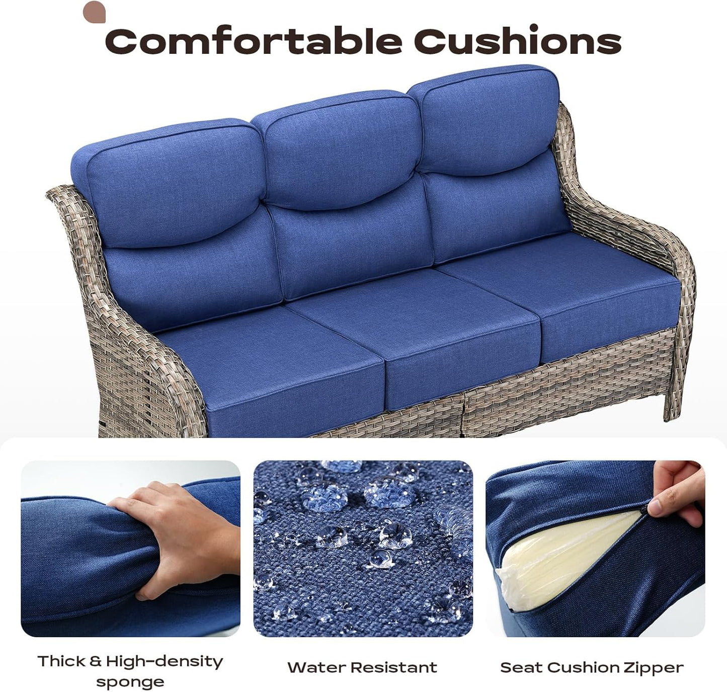 Wicker Outdoor Patio Furniture Set - 5 Piece Patio Conversation Sets with Swivel Rocker Chairs, Ottomans and Sofa, 6 inch Cushions, Waterproof Wicker, for Porch Deck Mixed Grey/Blue