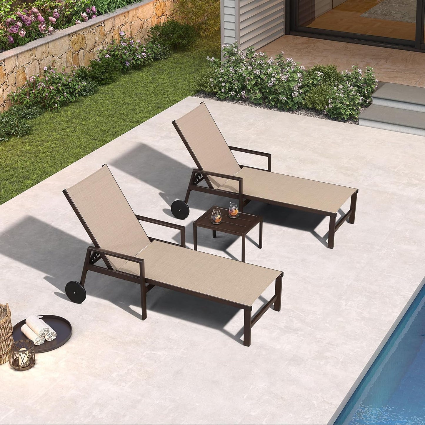 PURPLE LEAF Pool Lounge Chairs Set of 3 Aluminum Outdoor Lounge Chairs with Wheels and Armrests Adjustable Patio for Deck Outside Lawn Garden, Cream