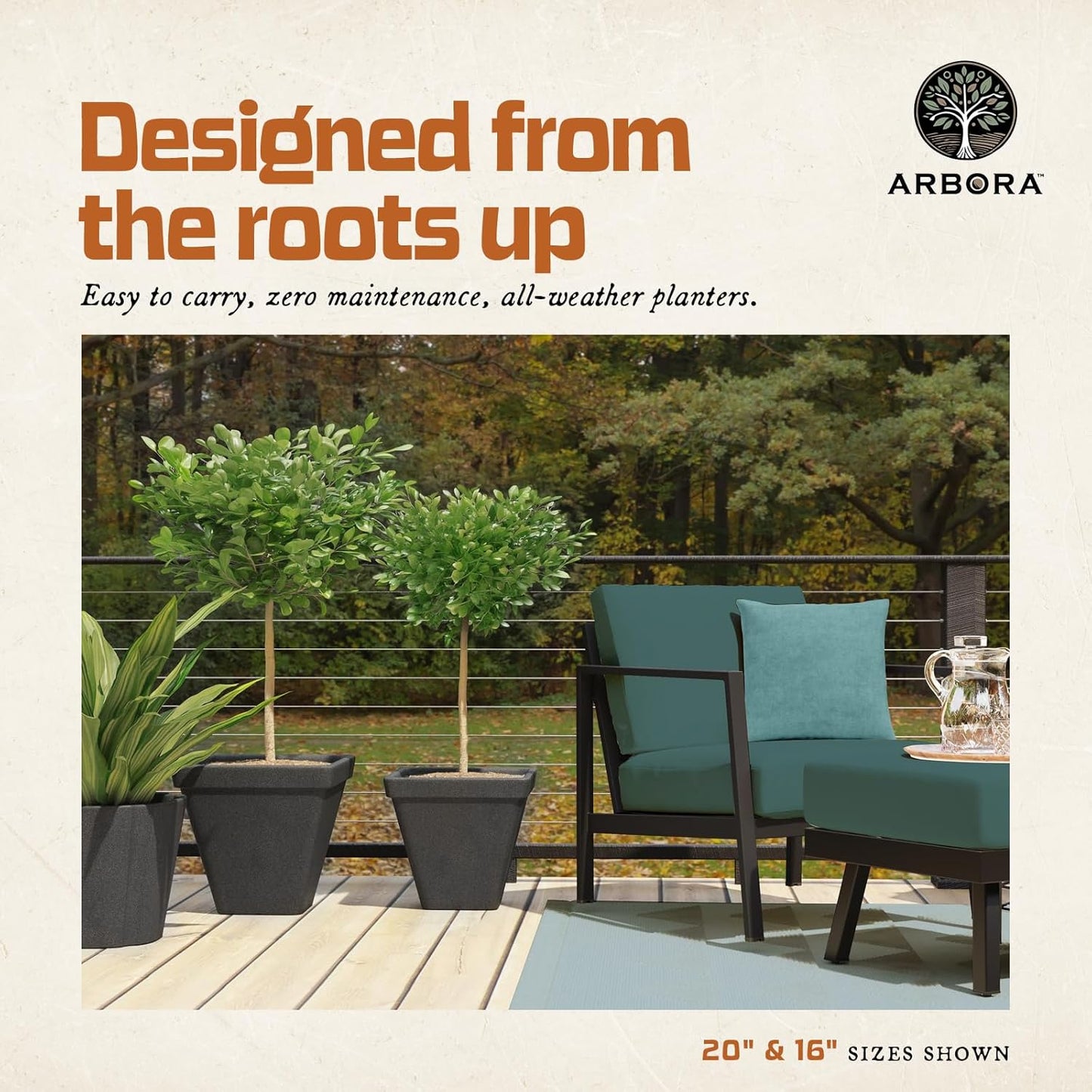 ARBORA 16" Mykonos Square Polyresin Indoor and Outdoor Planter with Classic Black Finish - Durable, Weatherproof, Lightweight, Large Plant Pot for Patio, Garden, Deck, Entryway