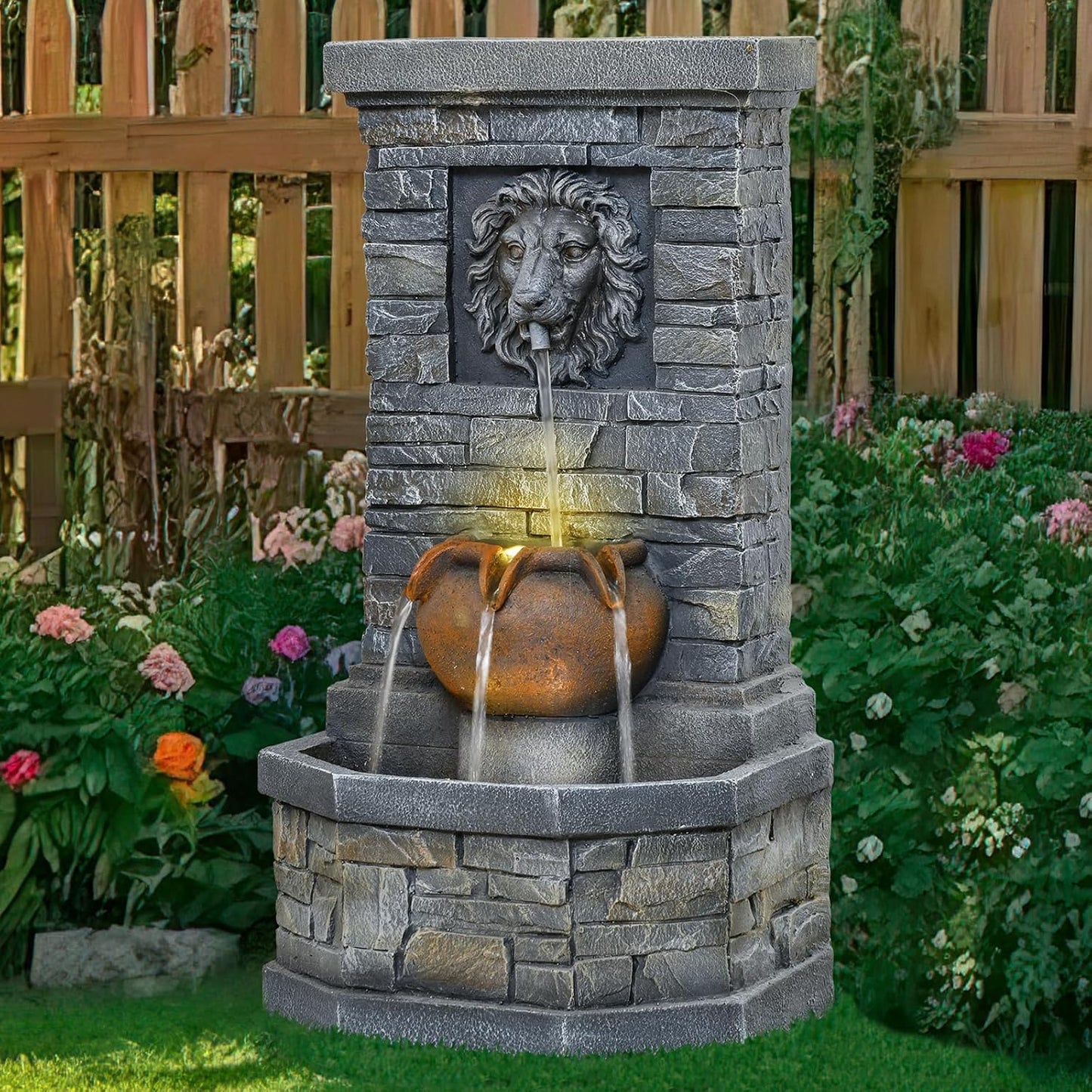 42'' Outdoor Garden Floor-Standing Water Fountain Lion Head Stone with Lights Outdoor Waterfall for Patio, Backyard, Deck, Porch and Home Art Decor