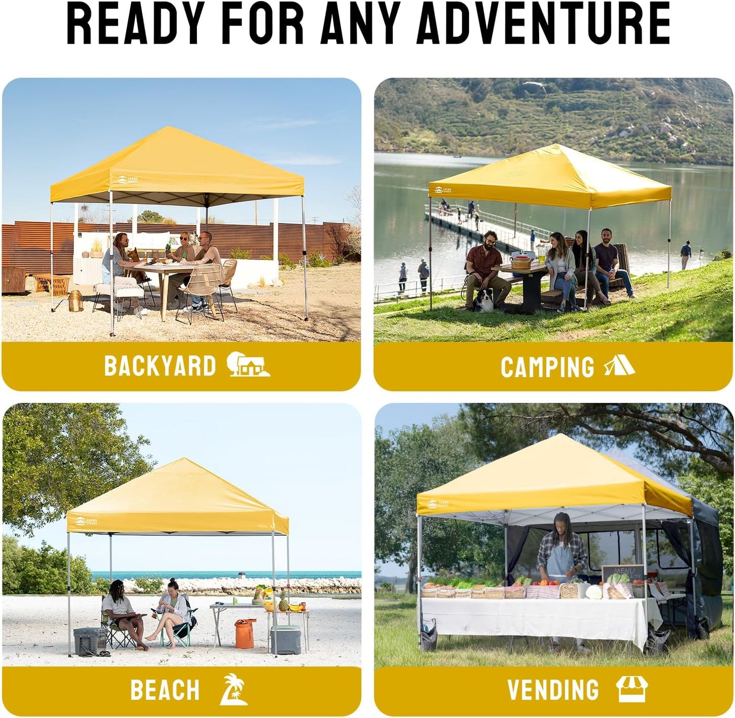 CROWN SHADES 8x8 Pop Up Canopy - Beach Tent with One Push Setup - Easy Outdoor Sun Shade for Events, Parties, Camping - Gazebo with STO-N-Go Cover Bag, Silver Coated Top, Yellow