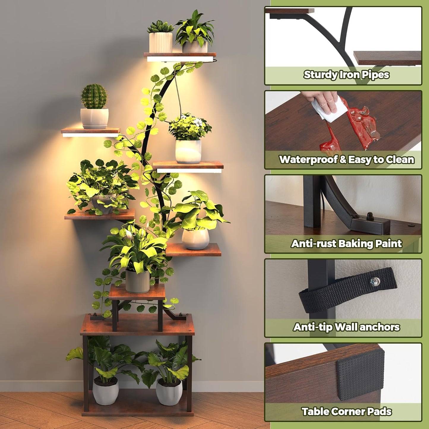 Plant Stand Indoor with Grow Lights, 2-Pack Metal Plant Shelf with 6 Grow Lights, 8 Tiered Corner Plant Shelves, 62" Tall Plant Stands for Indoor Plants Multiple, Plant Rack Display Flower Holder for Living Room, Patio