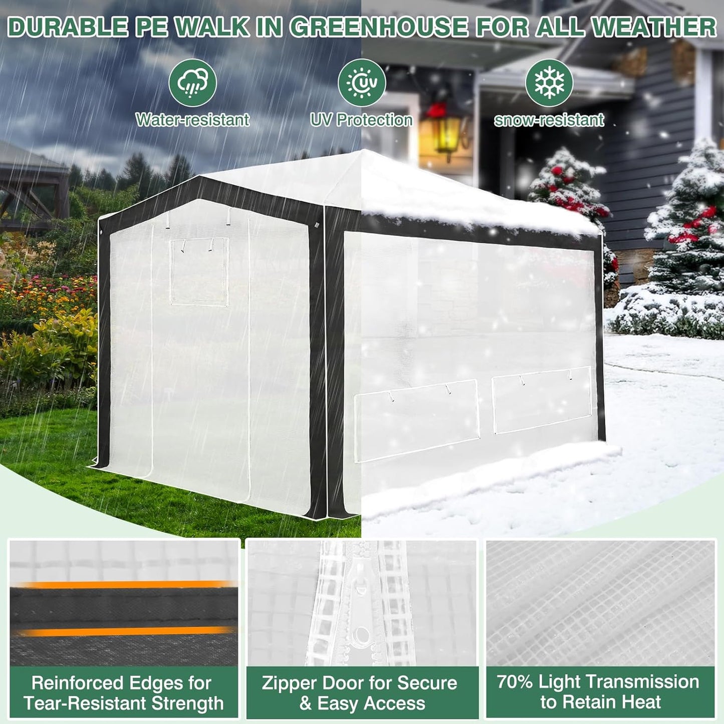 EAGLE PEAK 12x8 Portable Walk in Greenhouse with Polyester Reinforced Corners, Instant Pop up Indoor Outdoor Gardening Green House, Roll Up Zipper Entry Doors and Mesh Windows, Gray/White