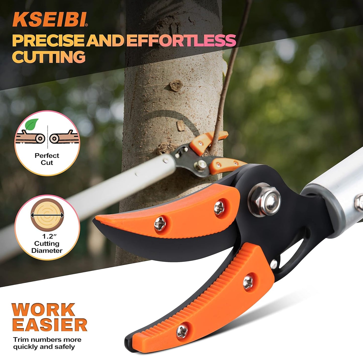 KSEIBI 143010 Long Reach 3.5 ft (1.0m) Cut & Hold Bypass Pruner - Lightweight Aluminum, Rust-Resistant, Ergonomic Grip, 1/4" Max Cut - Ideal for Precision Gardening & Pruning