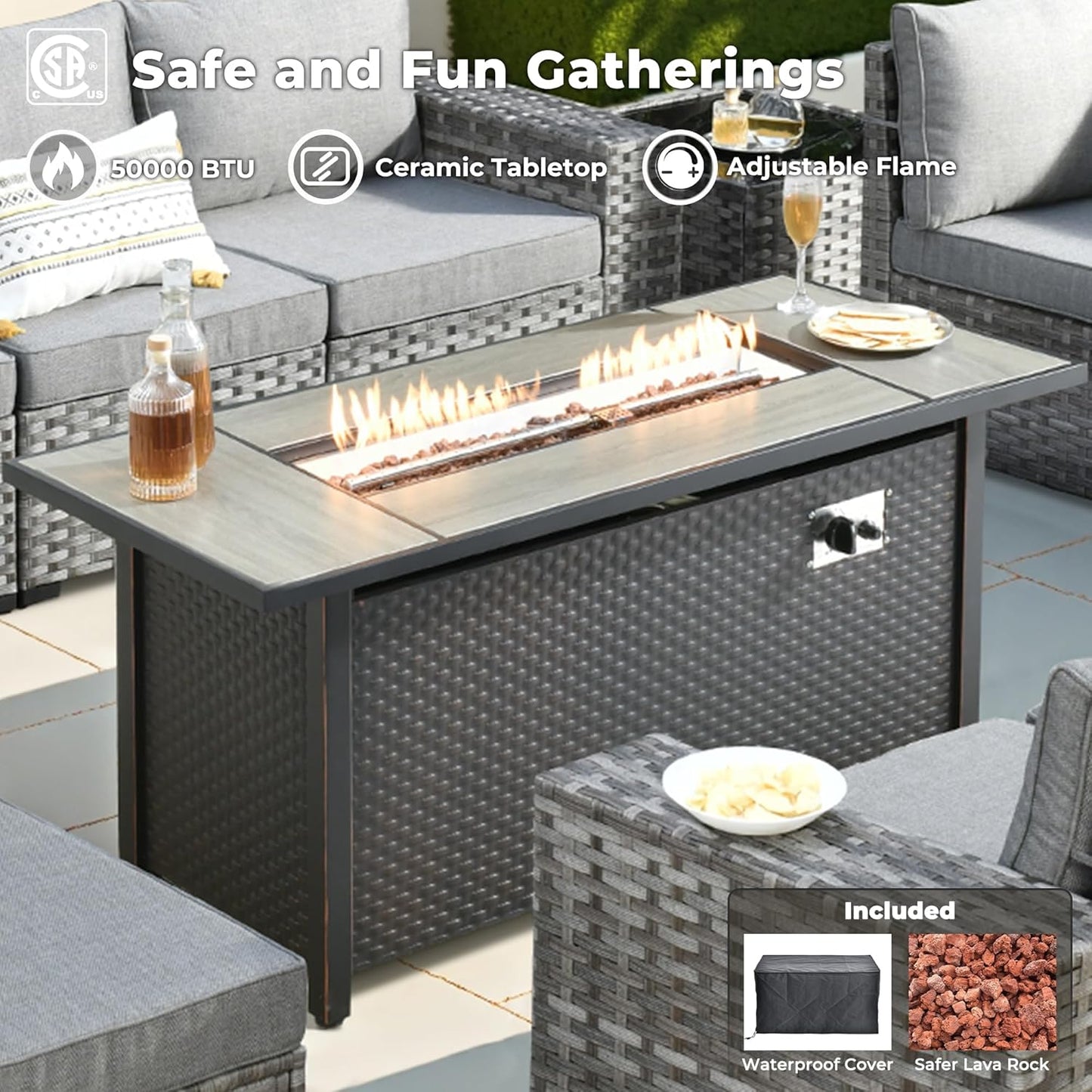 ovios 10 Pieces Patio Furniture Set, Outdoor Wicker Sectional Sofa with 54" Fire Pit Table Swivel Chairs, Modern Modular Deep Seat Rattan Couch Conversation Sets, Dark Grey