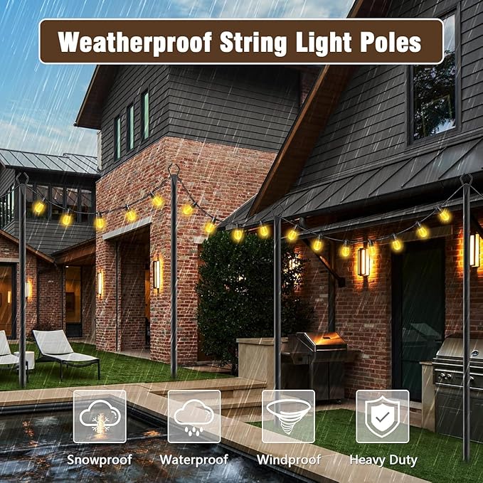10Ft String Light Poles 6 Pack,Light Poles for Outside Lights,Outdoor with Fence Brackets Hanging Lights,Metal Stand Deck Patio Backyard