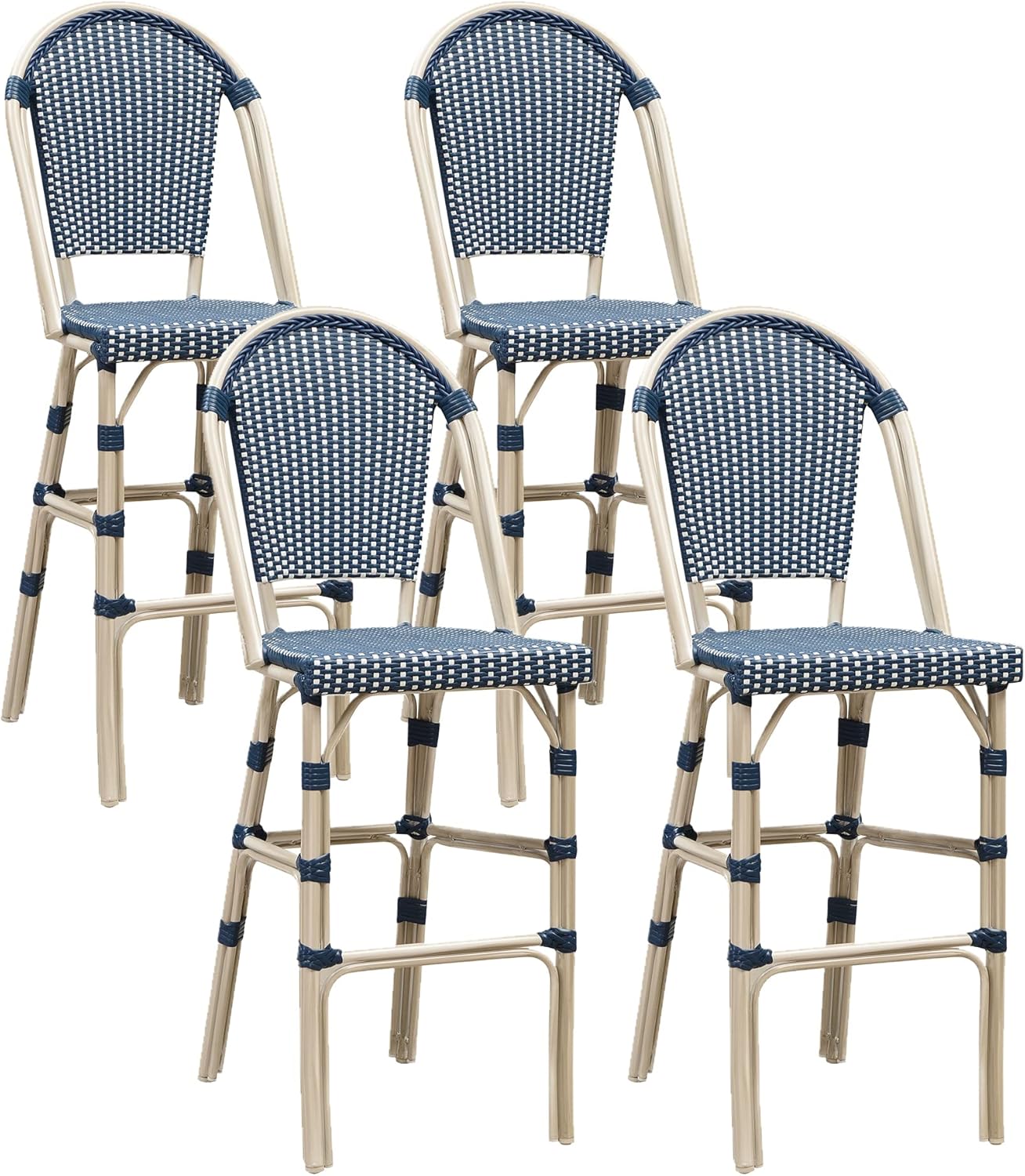 PURPLE LEAF French Bar Stool Set of 4 White Print Finish Patio Bar Stools with Back Rattan Bar Chairs Wicker Bar Height Stool 30" with Footrest Kitchen Island Stools Outdoor Barstool Royal Blue