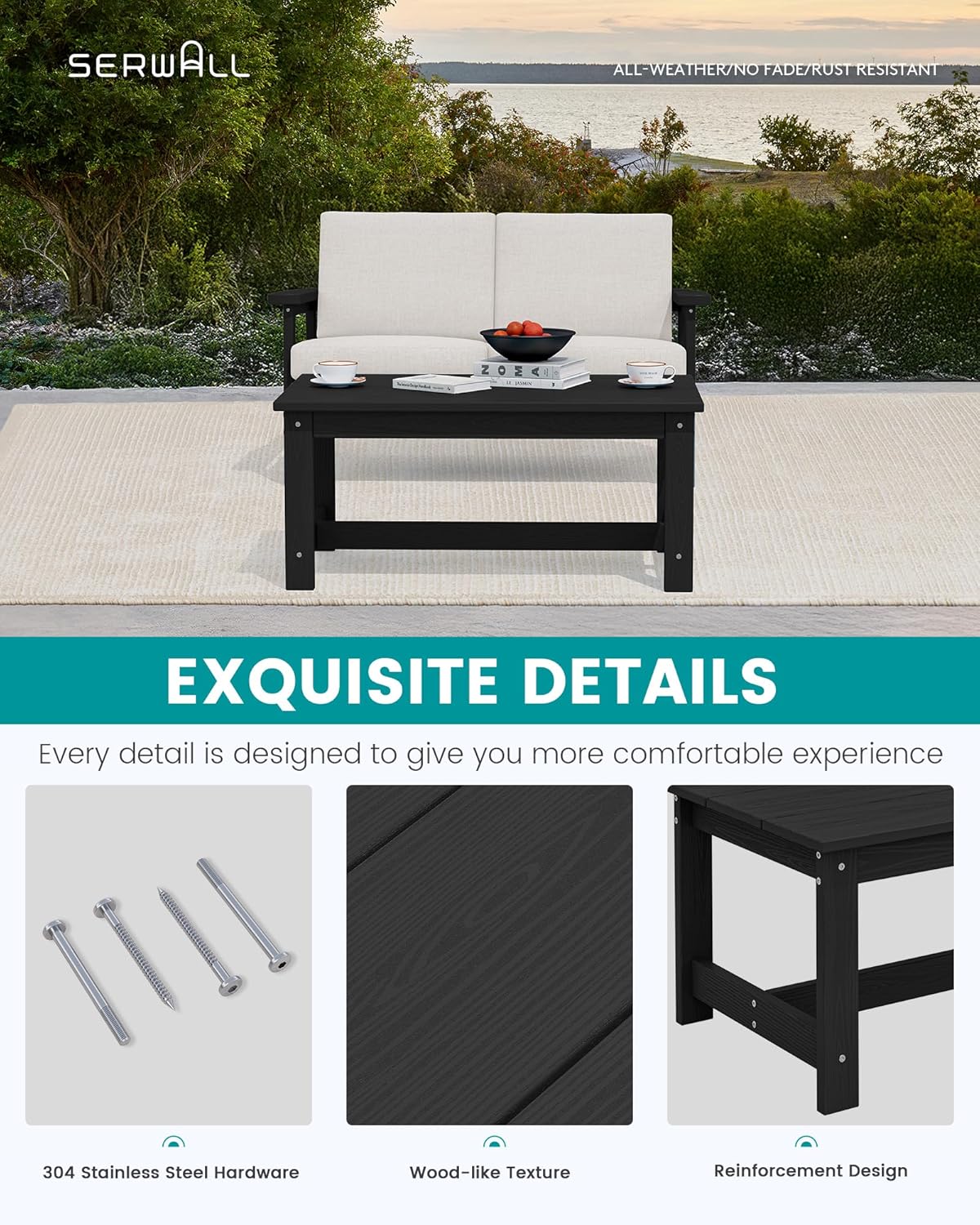 SERWALL HDPE Outdoor Coffee Table, All-Weather Patio Coffee Table, Rectangle Adirondack Outdoor Table Fits with Outdoor Sectional Couch for Outside Deck Porch Lawn, 37.8" x 22.8", Black