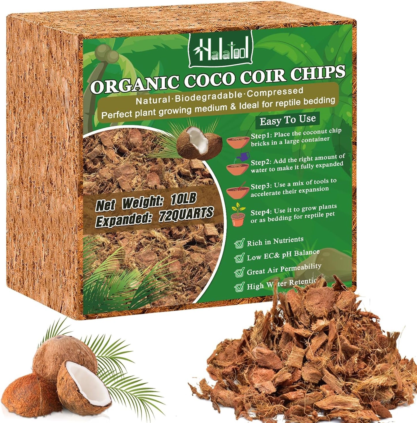 Halatool 10LB Compressed Coconut Coir Chips, 100% Natural Organic Coco Husk Chips Coco Chips Substrate for Plants Flowers, Garden