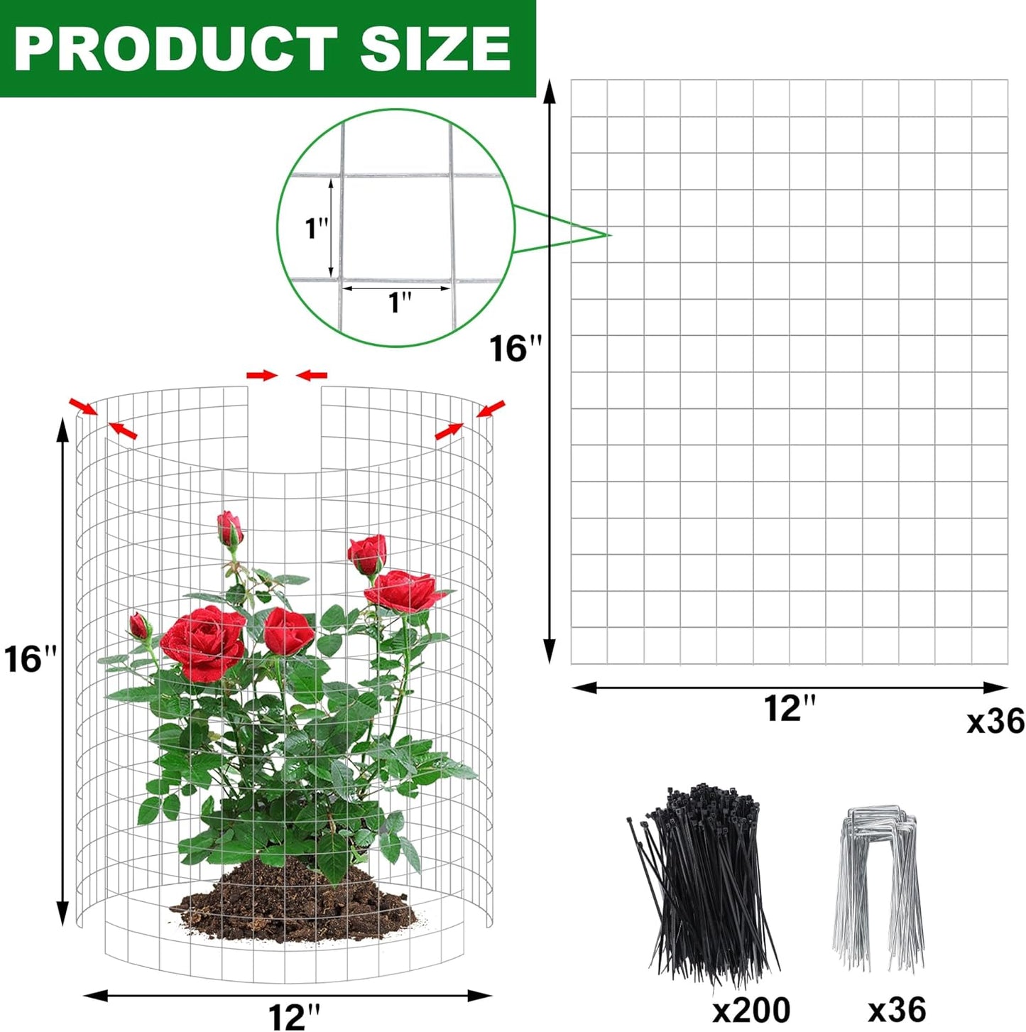 winemana 12 Set Garden Plant Protector Cage, 16x12 in Metal Wire Protectors for Plants, Protection Cages with Stakes & Nylon Ties, Animals Barrier to Keep Rabbit & Chicken Away from Flower Vegetables