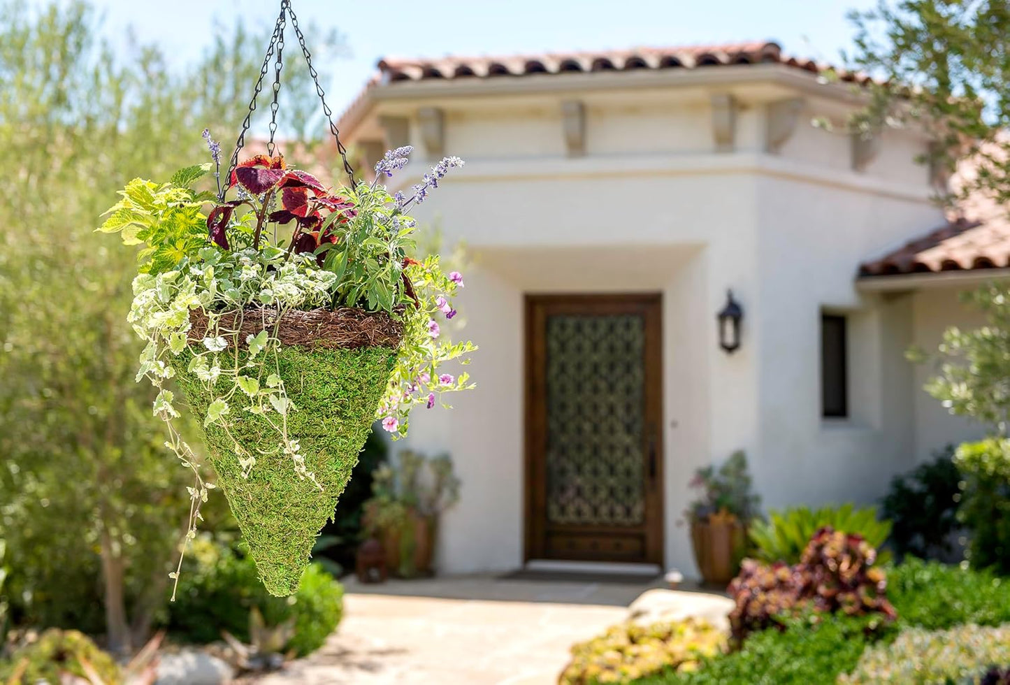 SuperMoss (29386 MossWeave Hanging Basket | Outdoor Hanging Planter with Moss | Decorative Plant Hanger for Porch, Balcony, Garden & Home Décor, Cone with Wicker Rim, Set of 2 (S/M), Green