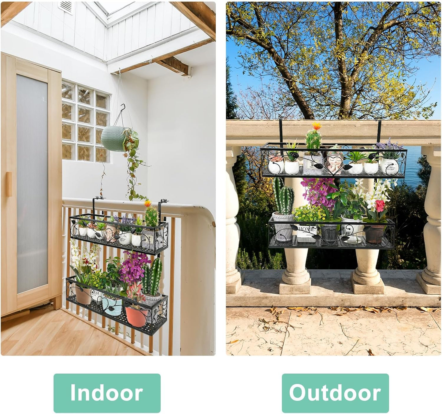 2-Tier Outdoor Flower Pot Stand Rack, Balcony Patio Railing Hanging Shelf Basket,Iron Height Adjustable Hanging Plants Container Holder with 1pc Spray Bottle for Yard Fence Garden Decor,Black