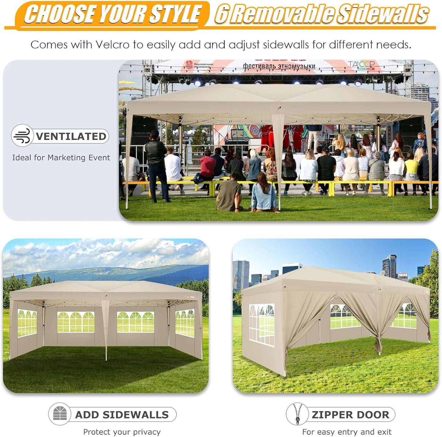 HOTEEL 10x20 Pop up Canopy with 6 Sidewalls, One Push Instant Setup Outdoor Canopy Tent with Reinforce Rod, Weight Bag, for Parties, Events, Khaki