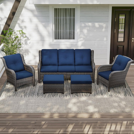 Patio Conversation Set 5-PCS Wicker Outdoor Furniture Conversation Set with 3-Seat Sofa, 2 Armchair, 2 Ottoman Patio Rattan Wicker Sectional Sofa Set with Olefin Cushion, Blue