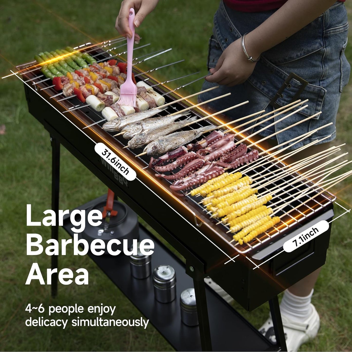 Charcoal Grills Commercial Quality Portable Multiple Size Hibachi BBQ Lamb Skewer Folded Camping Barbecue Grill for Backyard Party Picnic Use(31.6x7.1x5.1 inch With Accessories),BLACK